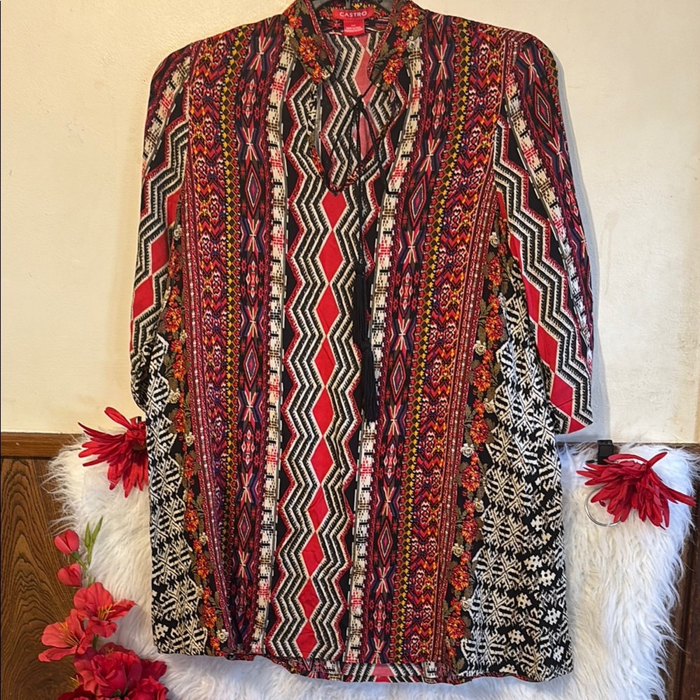 C.I. Castro Red and Black Patterned Blouse